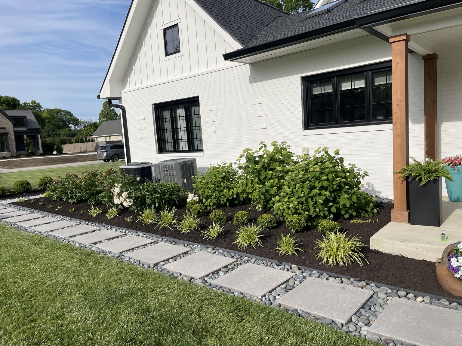 Modern landscape design with stone walkway