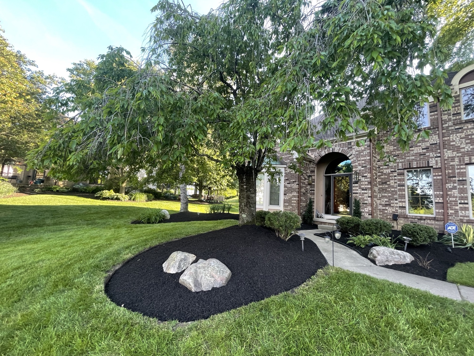 Fresh black mulch and landscaped front yard